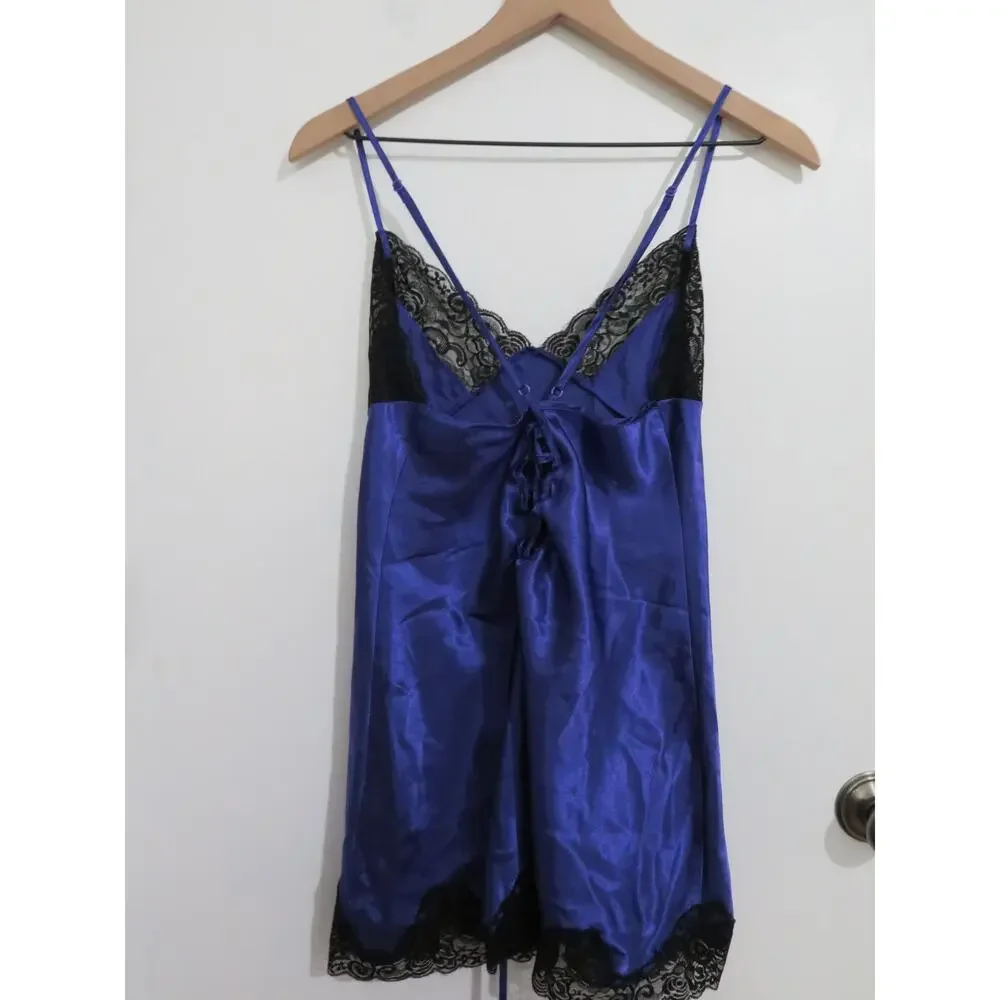 Frederick's of Hollywood Women Sz M Purple Blue Satin Slip Chemise Black Lace
